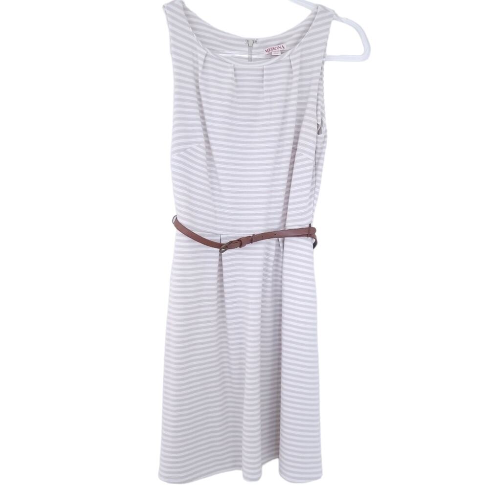 Merona Stripe Sleeveless Dress Belted XS Tan Cream Neutral, Career Casual, Zip
